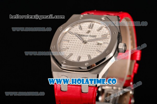 Audemars Piguet Royal Oak Lady Swiss Quartz Steel Case with Red Leather Strap White Dial and Stick Markers - Click Image to Close